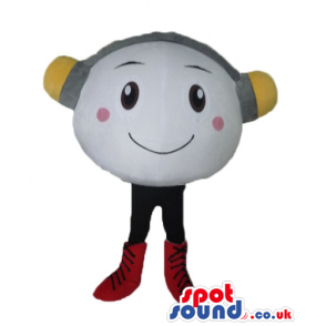 Smiling white ball with black legs and red boots wearing