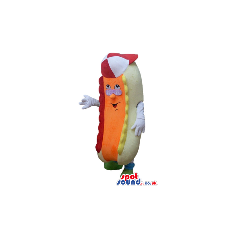 Hot dog with an orange sausage wearing a red and white cap