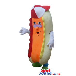 Hot dog with an orange sausage wearing a red and white cap