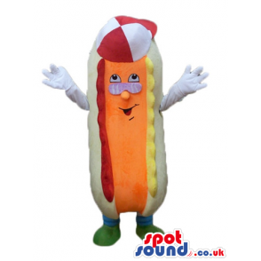 Hot dog with an orange sausage wearing a red and white cap