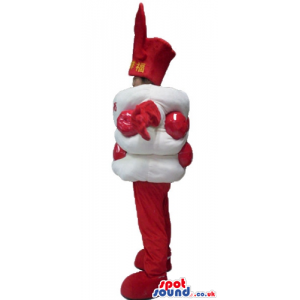 Marshmallow decorated in red with red arms, and legs and a red