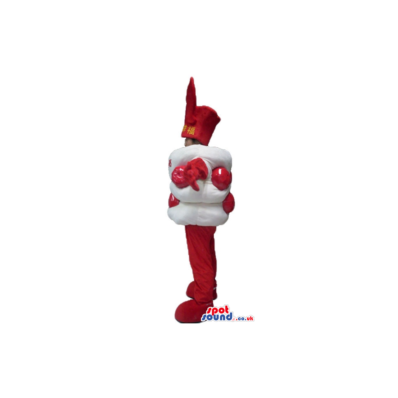 Marshmallow decorated in red with red arms, and legs and a red