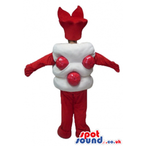 Marshmallow decorated in red with red arms, and legs and a red