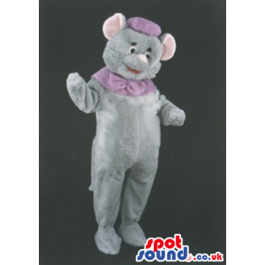 Grey Circus Elephant Mascot With Purple Hat And Neck Bow -