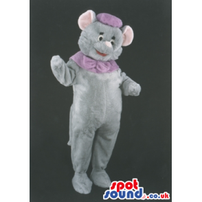 Grey Circus Elephant Mascot With Purple Hat And Neck Bow -