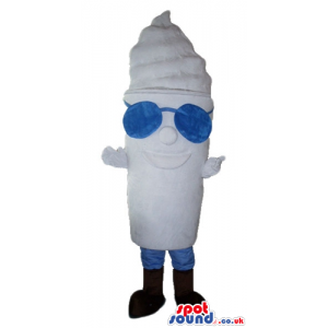 White ice cream cone wearing blue glasses, blue socks and brown