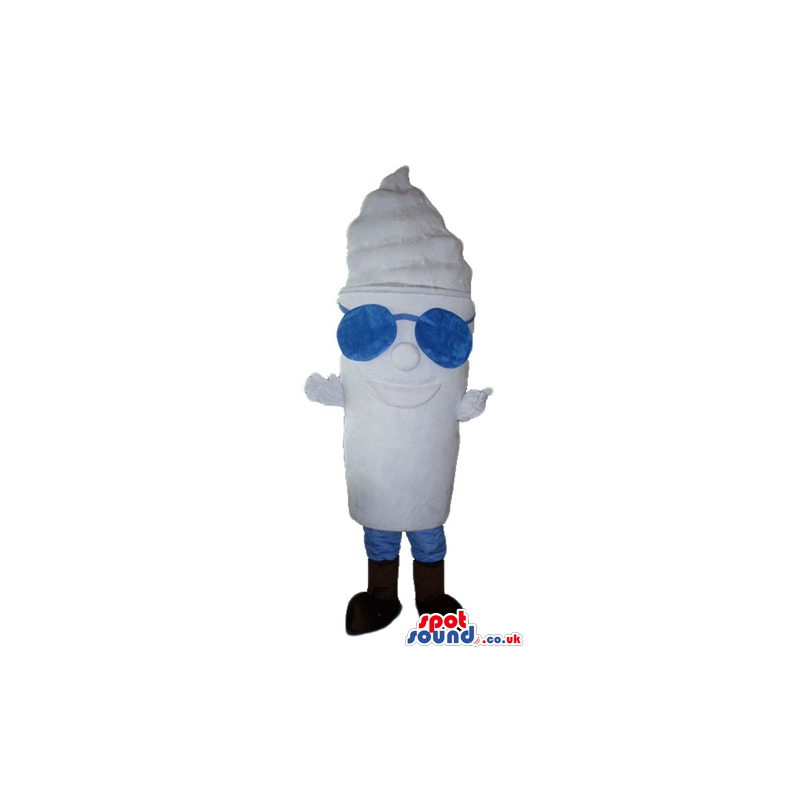 White ice cream cone wearing blue glasses, blue socks and brown