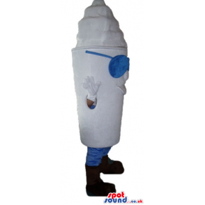 White ice cream cone wearing blue glasses, blue socks and brown