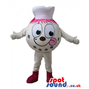 Pink ball with pink hair and big eyes wearing a white hat, pink