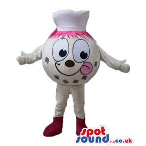 Pink ball with pink hair and big eyes wearing a white hat, pink