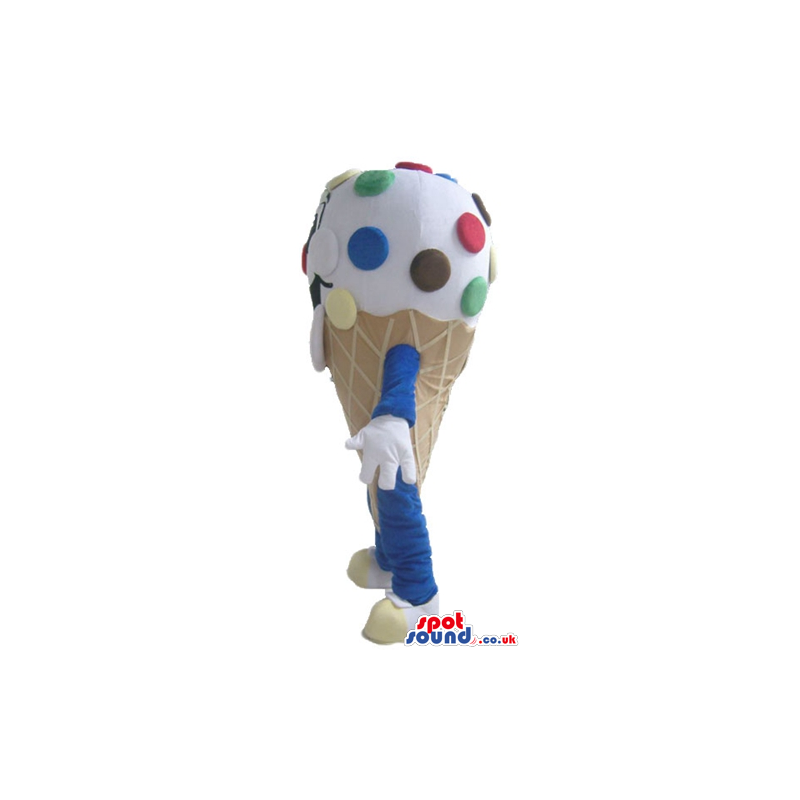 White and beige icecream cone decorated in blue and red with