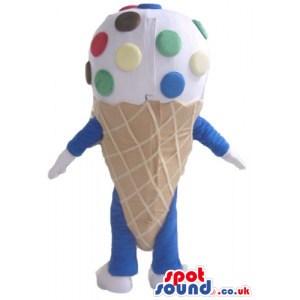 White and beige icecream cone decorated in blue and red with