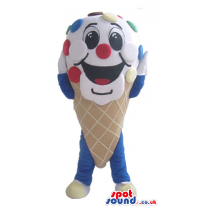 White and beige icecream cone decorated in blue and red with