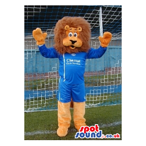 Lion Mascot With Brown Hair Wearing A Blue T-Shirt - Custom