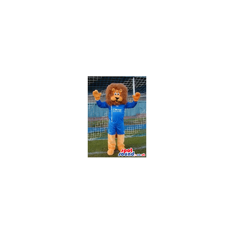 Lion Mascot With Brown Hair Wearing A Blue T-Shirt - Custom