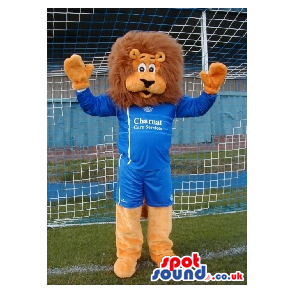 Lion Mascot With Brown Hair Wearing A Blue T-Shirt - Custom