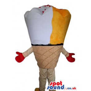 Yellow and white ice-cream cone with a small red tongue, red