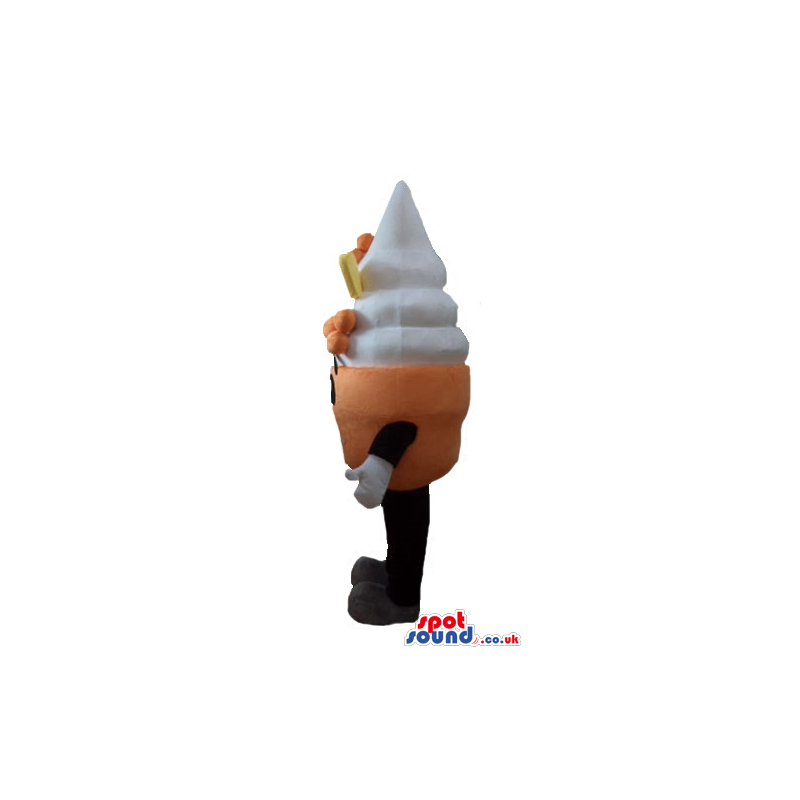 White icecream cone decorated in orange and yellow with brown
