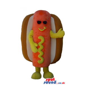 Hot dog with mustard wearing dark glasses - Custom Mascots