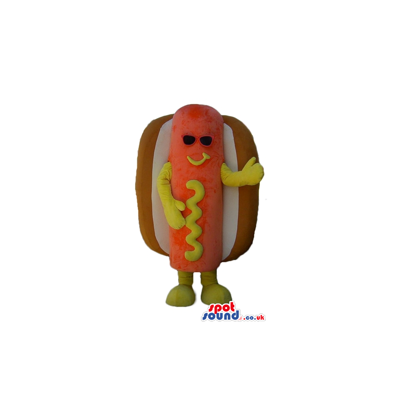 Hot dog with mustard wearing dark glasses - Custom Mascots