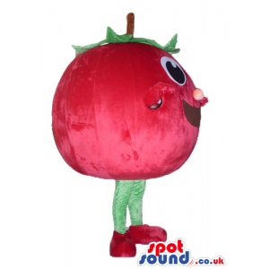 Red apple with big eyes, green legs and red arms and feet -