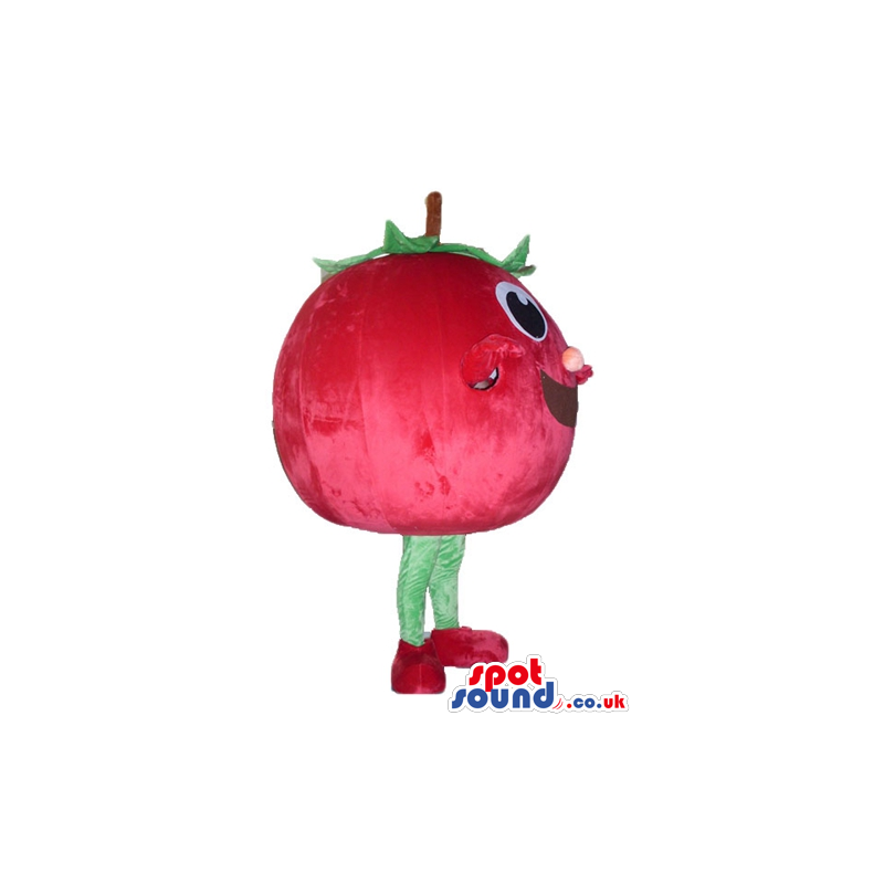 Red apple with big eyes, green legs and red arms and feet -