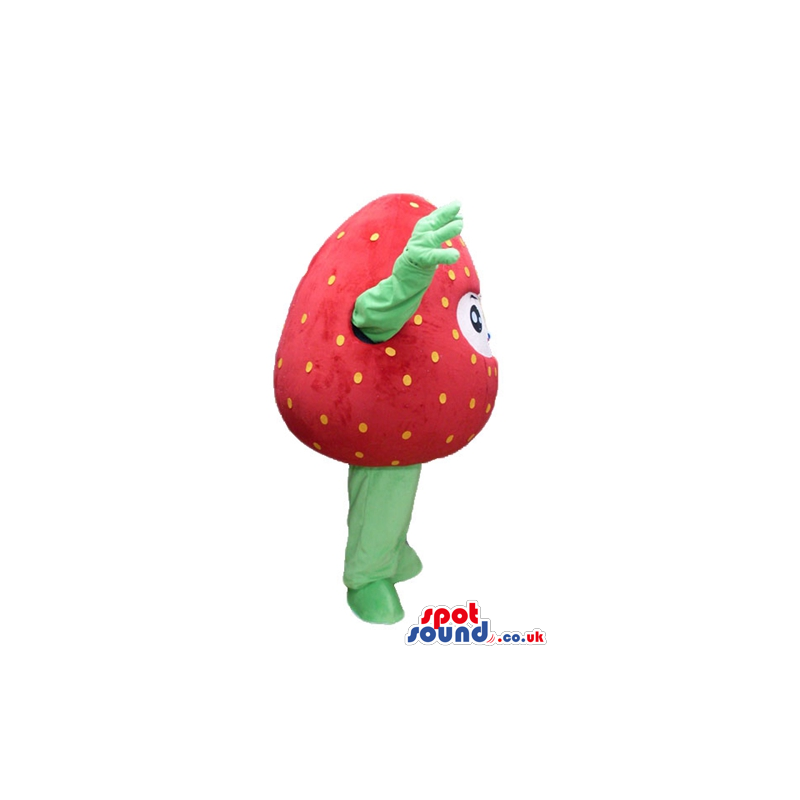 Strawberry with green arms and legs and a face - Custom Mascots