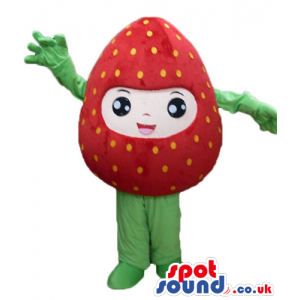 Strawberry with green arms and legs and a face - Custom Mascots