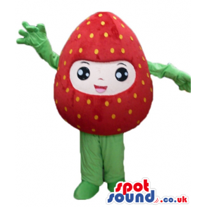 Strawberry with green arms and legs and a face - Custom Mascots