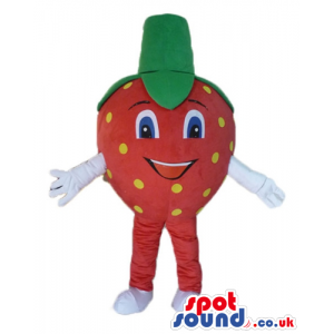 Smiling strawberry with big eyes, white arms, red legs and