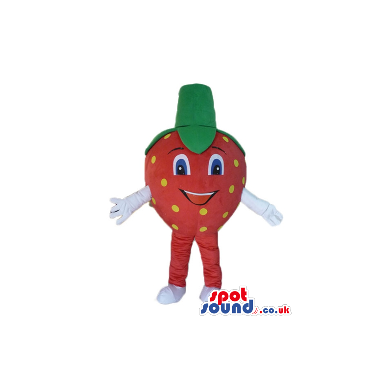 Smiling strawberry with big eyes, white arms, red legs and