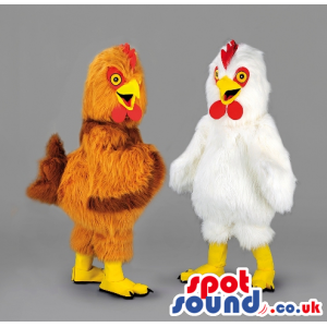 Two Chickens Or Hens Animal Farm Plush Mascot In White And