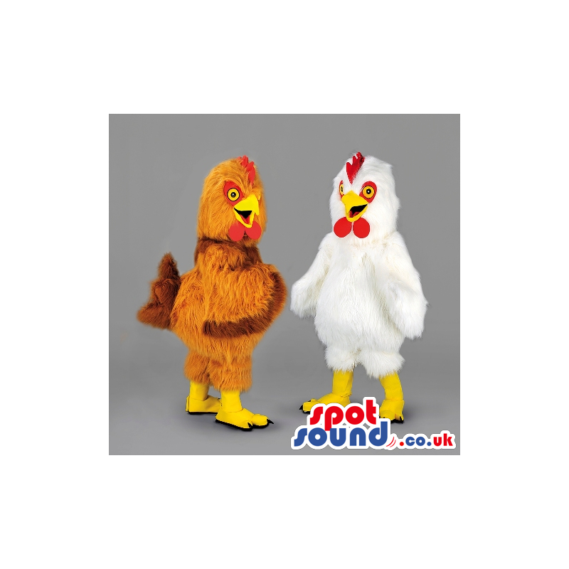 Two Chickens Or Hens Animal Farm Plush Mascot In White And