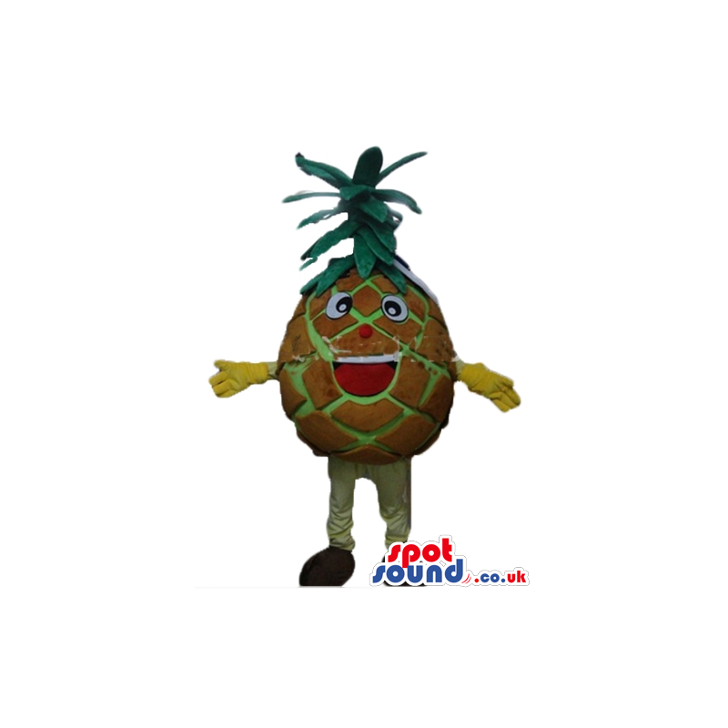 Brown pineapple with green hair, a big smile and big eyes