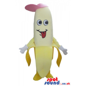 Smiling half peeled banana with a pink cap - Custom Mascots