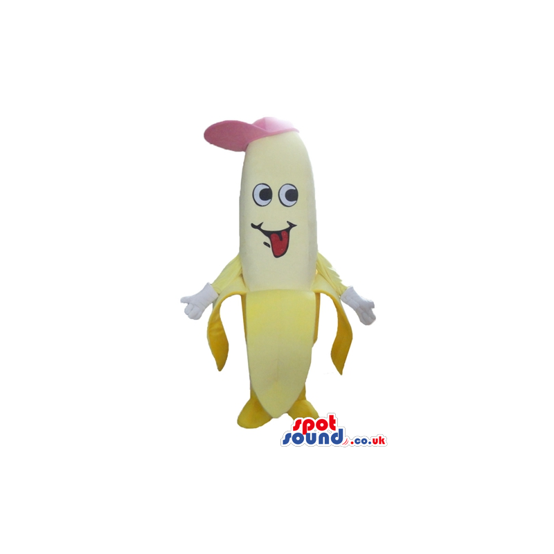 Smiling half peeled banana with a pink cap - Custom Mascots