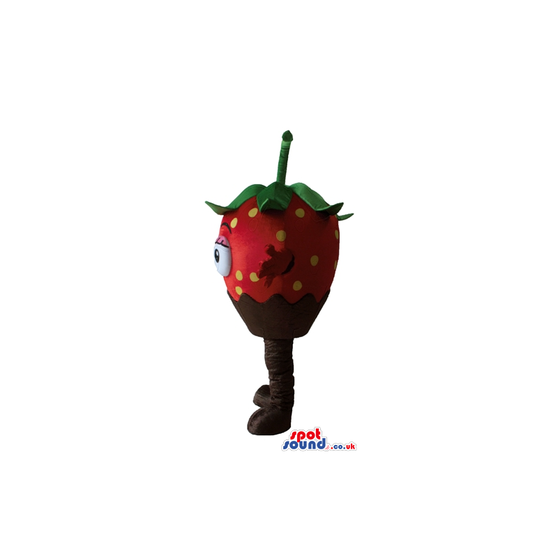 Smiling strawberry with half her body covered in chocolate -