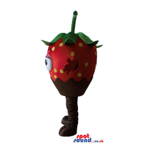 Smiling strawberry with half her body covered in chocolate -