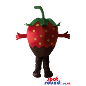 Smiling strawberry with half her body covered in chocolate -