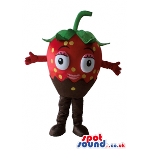 Smiling strawberry with half her body covered in chocolate -