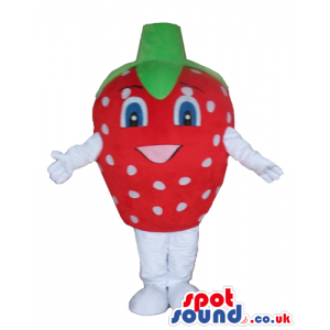 Smiling strawberry with big eyes, white arms and white legs -