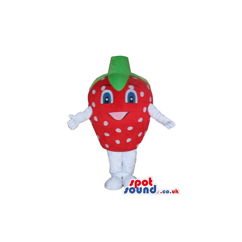 Smiling strawberry with big eyes, white arms and white legs -