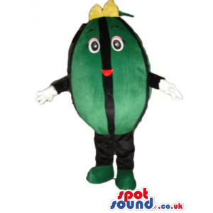 Smiling watermelon with black arms and legs and a yellow bow on