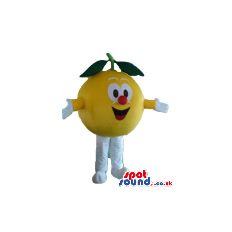 Yellow grapefruit with a small red nose, white arms and legs -