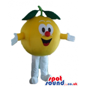 Yellow grapefruit with a small red nose, white arms and legs -