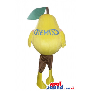 Yellow pear with brown legs and yellow boots and a logo on the