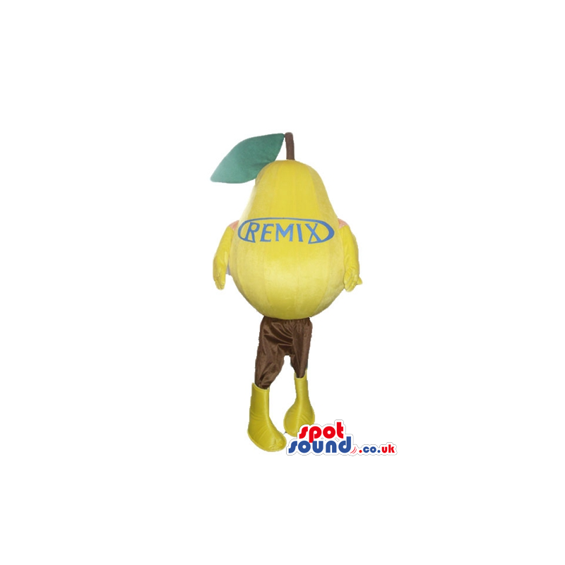 Yellow pear with brown legs and yellow boots and a logo on the