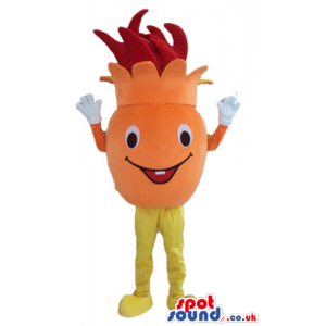 Smiling orange fruit with big eyes, red hair and yellow legs -