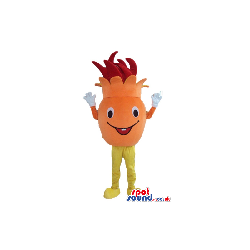 Smiling orange fruit with big eyes, red hair and yellow legs -