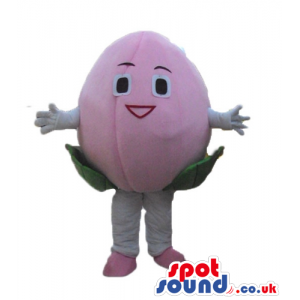 Smiling pink fruit with white arms and legs and pink feet -
